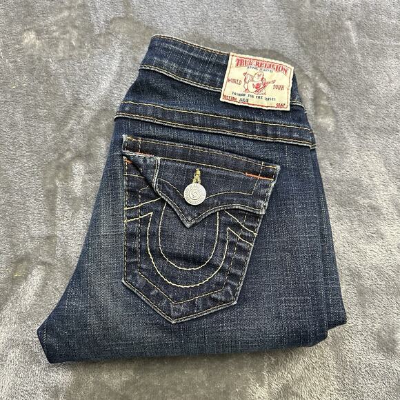 True Religion Jeans Women's 26 Blue World Tour Julie Raw‎ Hem Flap Pockets Denim - Picture 1 of 14